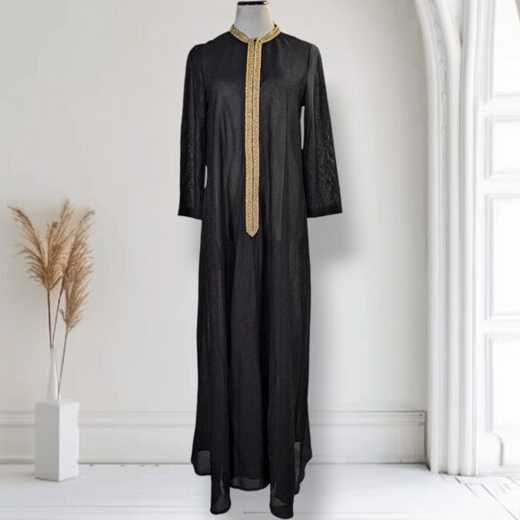 Vintage 70s Black Sheer Sparkle Caftan Size L Gold Braid Trim Zip Maxi Roper - Picture 1 of 16